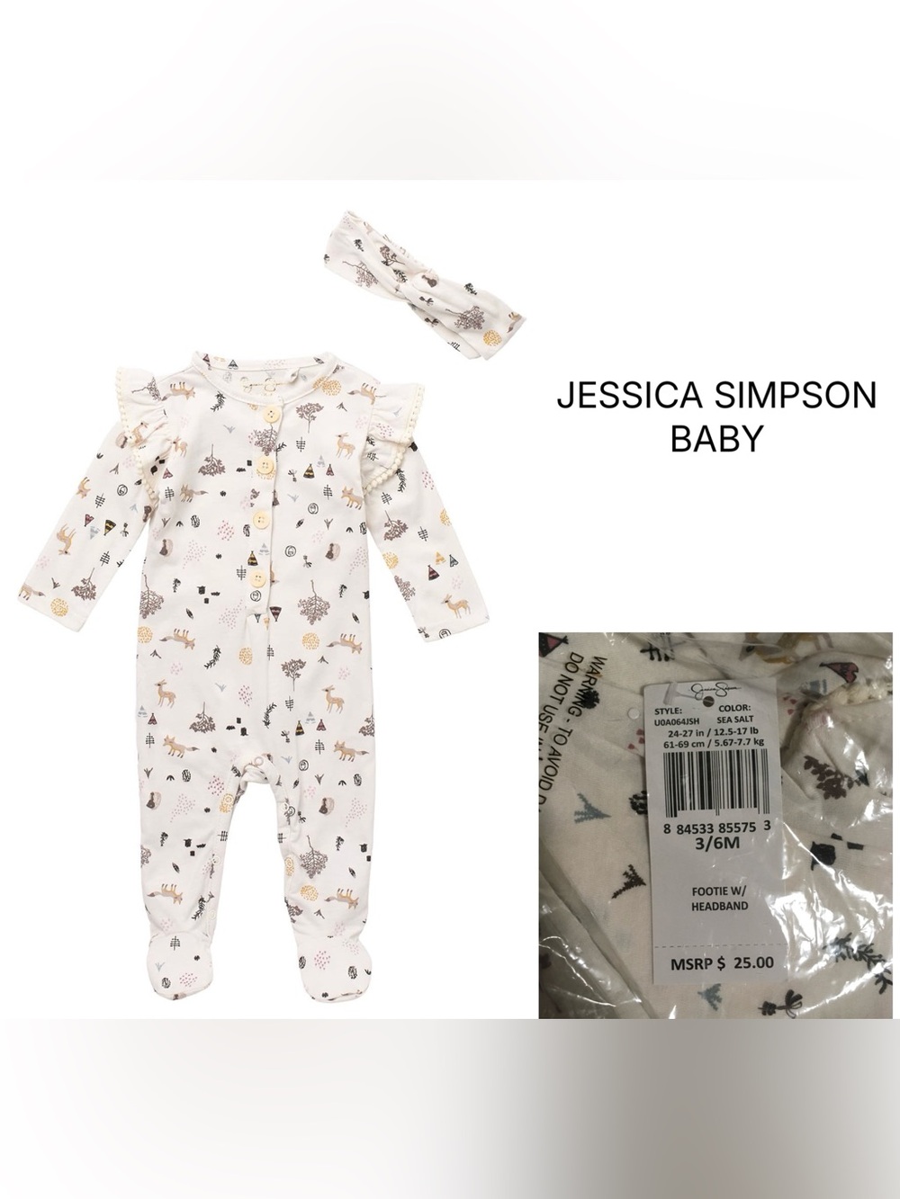JESSICA SIMPSON BABY - 3/6M - NWT - 2PC WOODLAND SLEEPER AND HEADBAND
